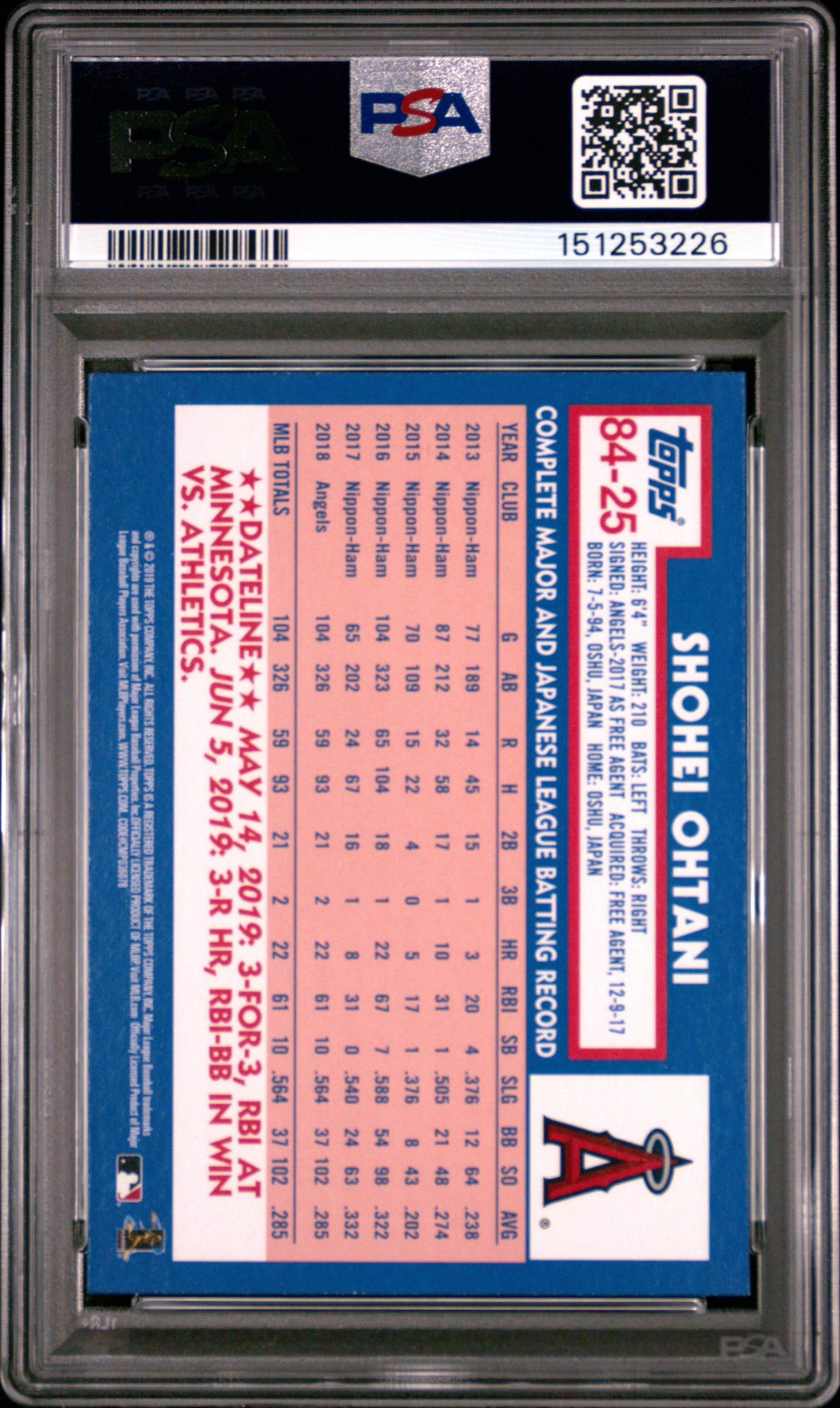 Shohei Ohtani 2019 Topps Update 1984 Topps PSA 9 Mint 3226