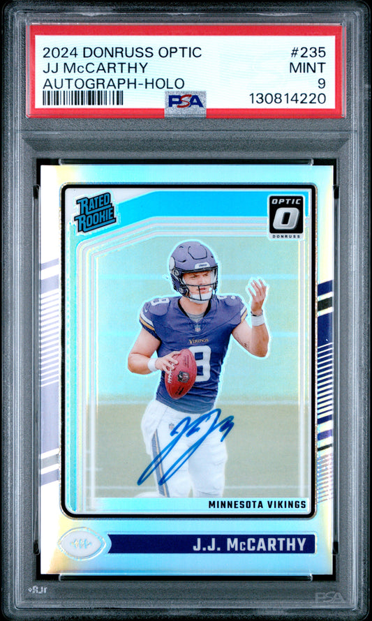J.J. McCarthy 2024 Donruss Optic Rookie Holo Autograph #106/150 PSA 9 Mint