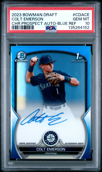 Colt Emerson 2023 Bowman Chrome Draft Blue Refractor Auto #98/150 PSA 10 Gem Mint