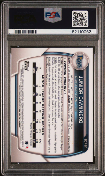 Junior Caminero 2023 Bowman Mega Box Purple Refractor #142/250 PSA 10 Gem Mint