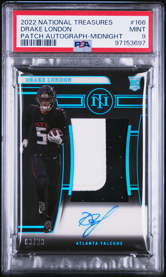 Drake London 2022 Panini National Treasures Midnight Rookie Patch Auto #3/20 PSA 9 Mint