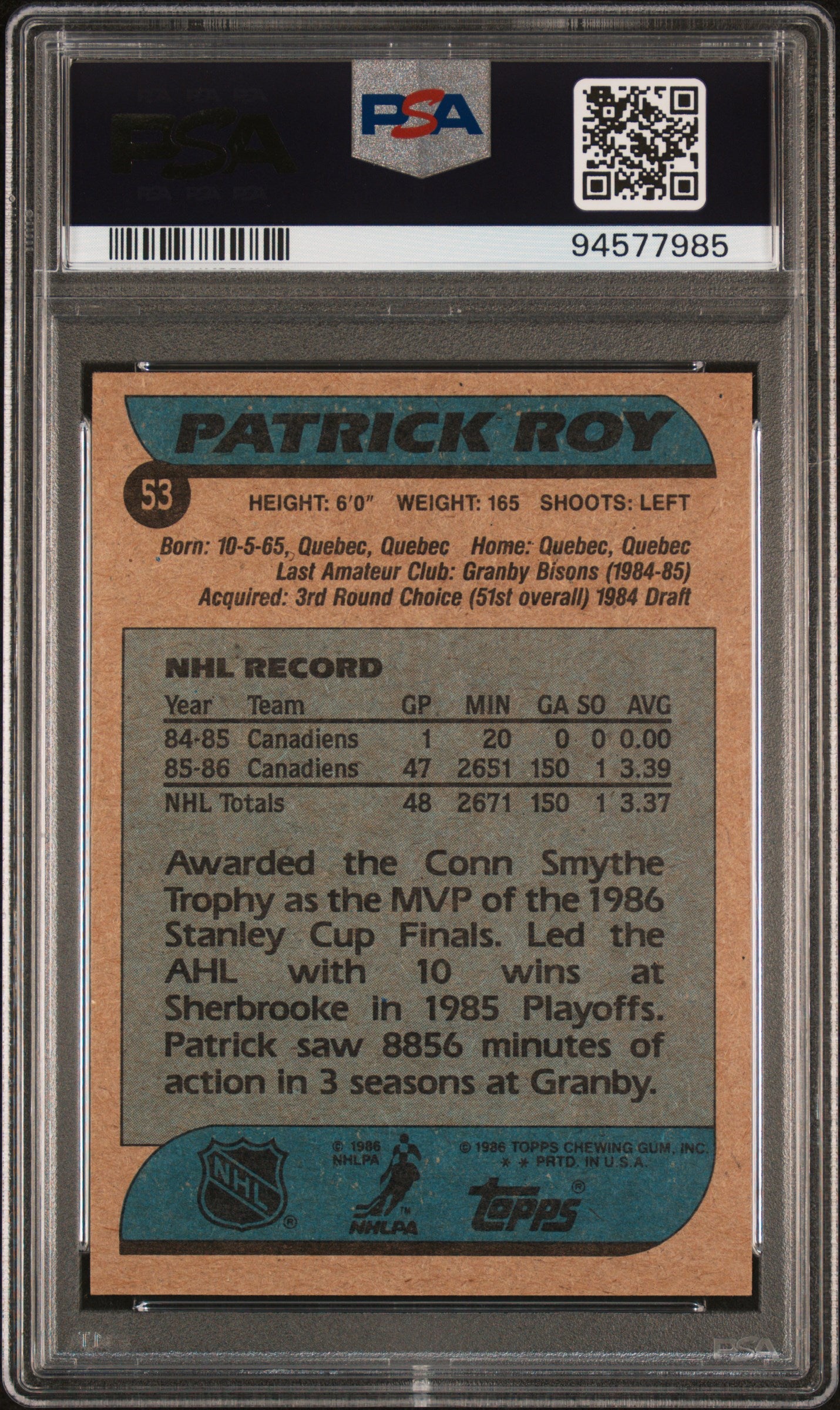 Patrick Roy 1986 Topps #53 PSA 5 EX 7985