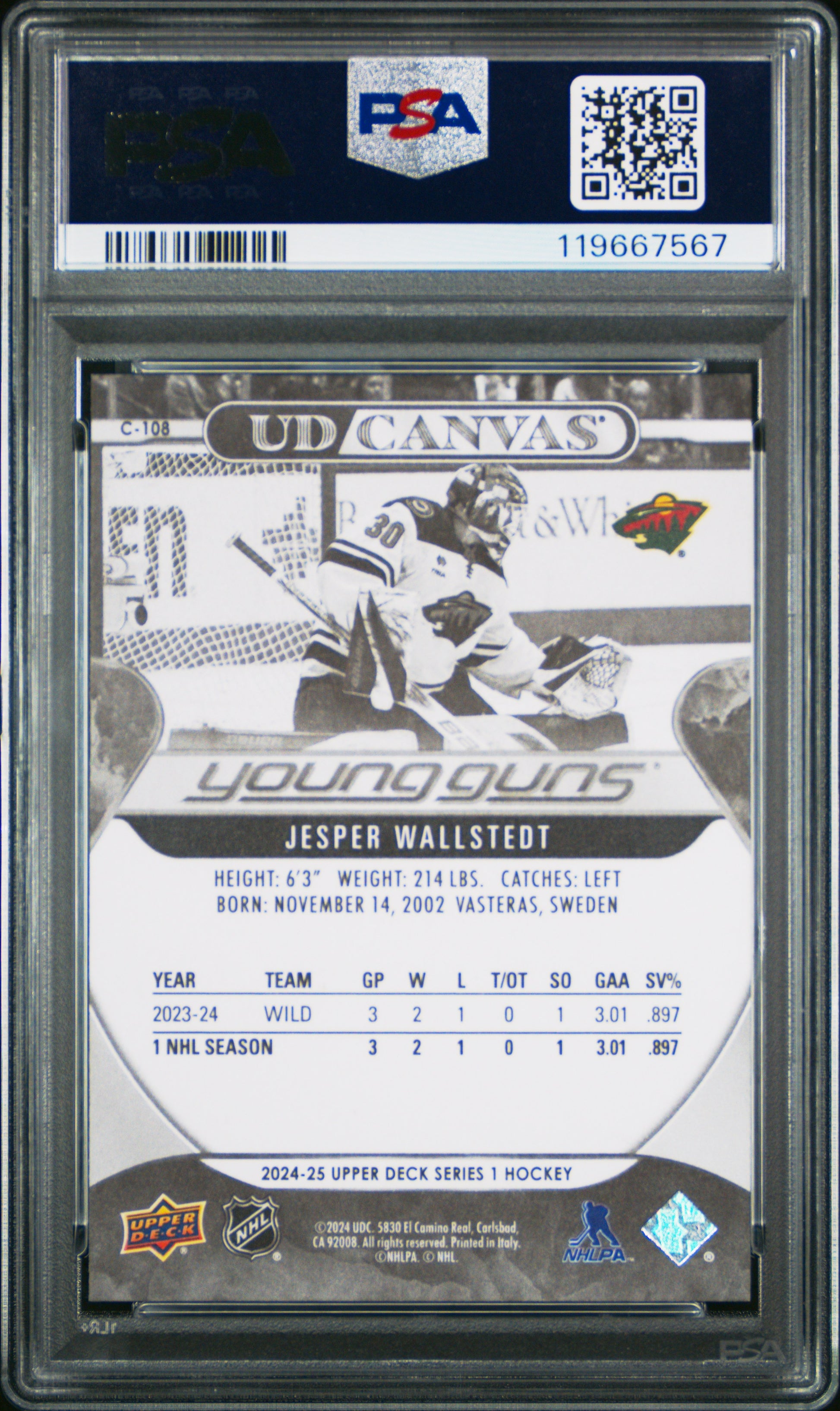 Jesper Wallstedt 2024 Upper Deck Rookie #C108 Black White Canvas PSA 10 Gem Mint 7567
