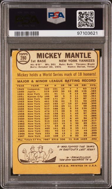 Mickey Mantle 1968 Topps #280 PSA 3MC Very Good