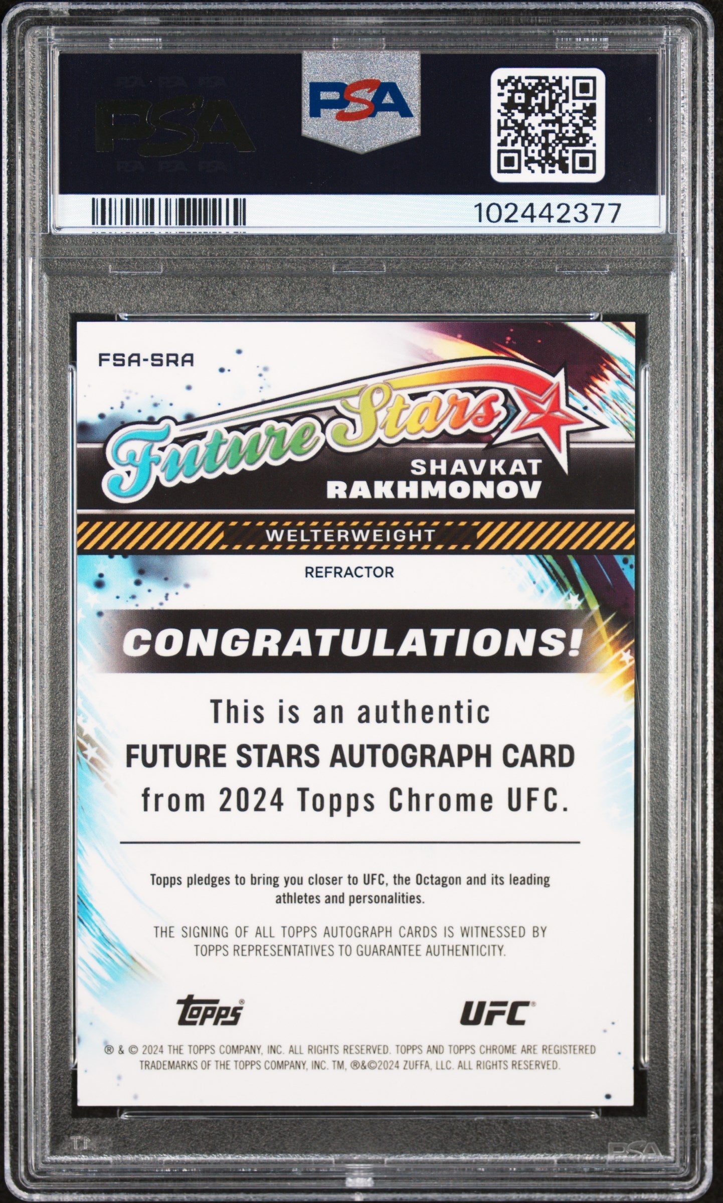 Shavkat Rakhmonov 2024 Topps Chrome Future Stars REfractor Auto PSA 9 Mint