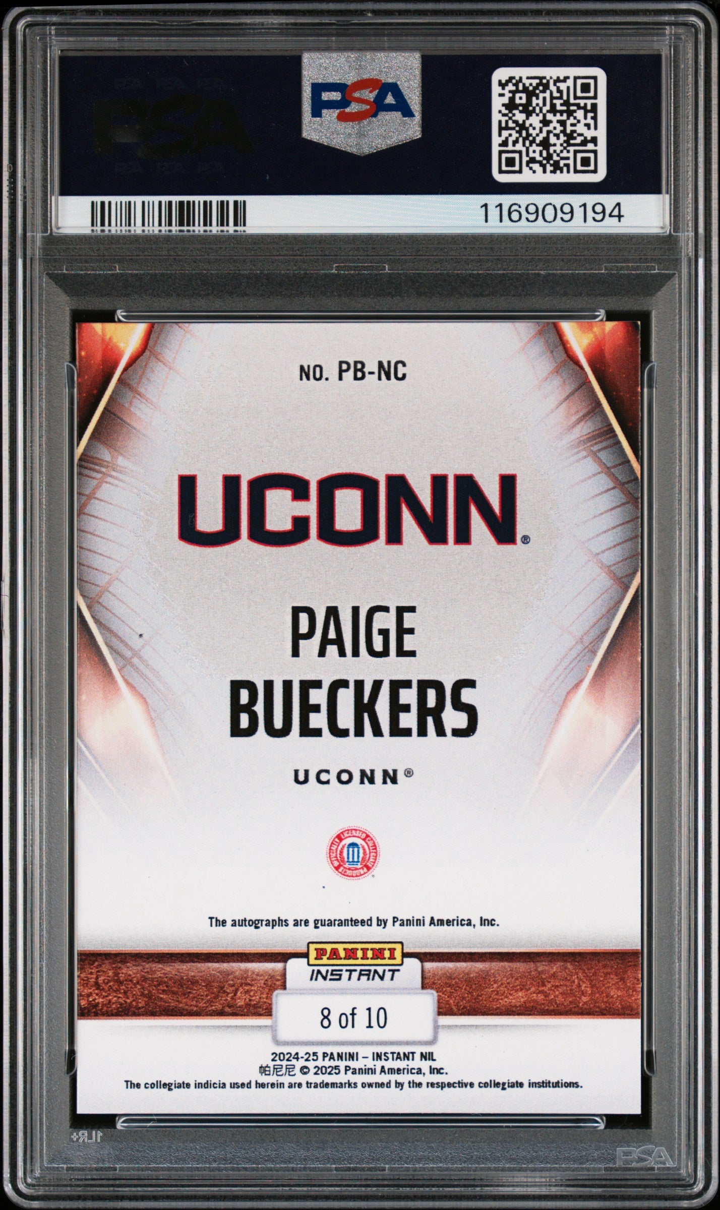 Paige Bueckers 2024 Panini Instant NIL National Champions Auto #8/10 PSA 9 Auto 10