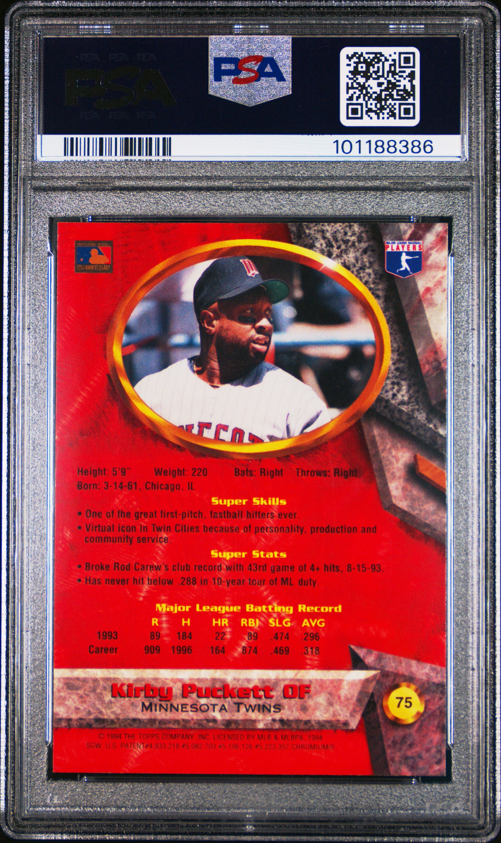 Kirby Puckett 1994 Bowmans Best #75 Red Refractor PSA 9 Mint