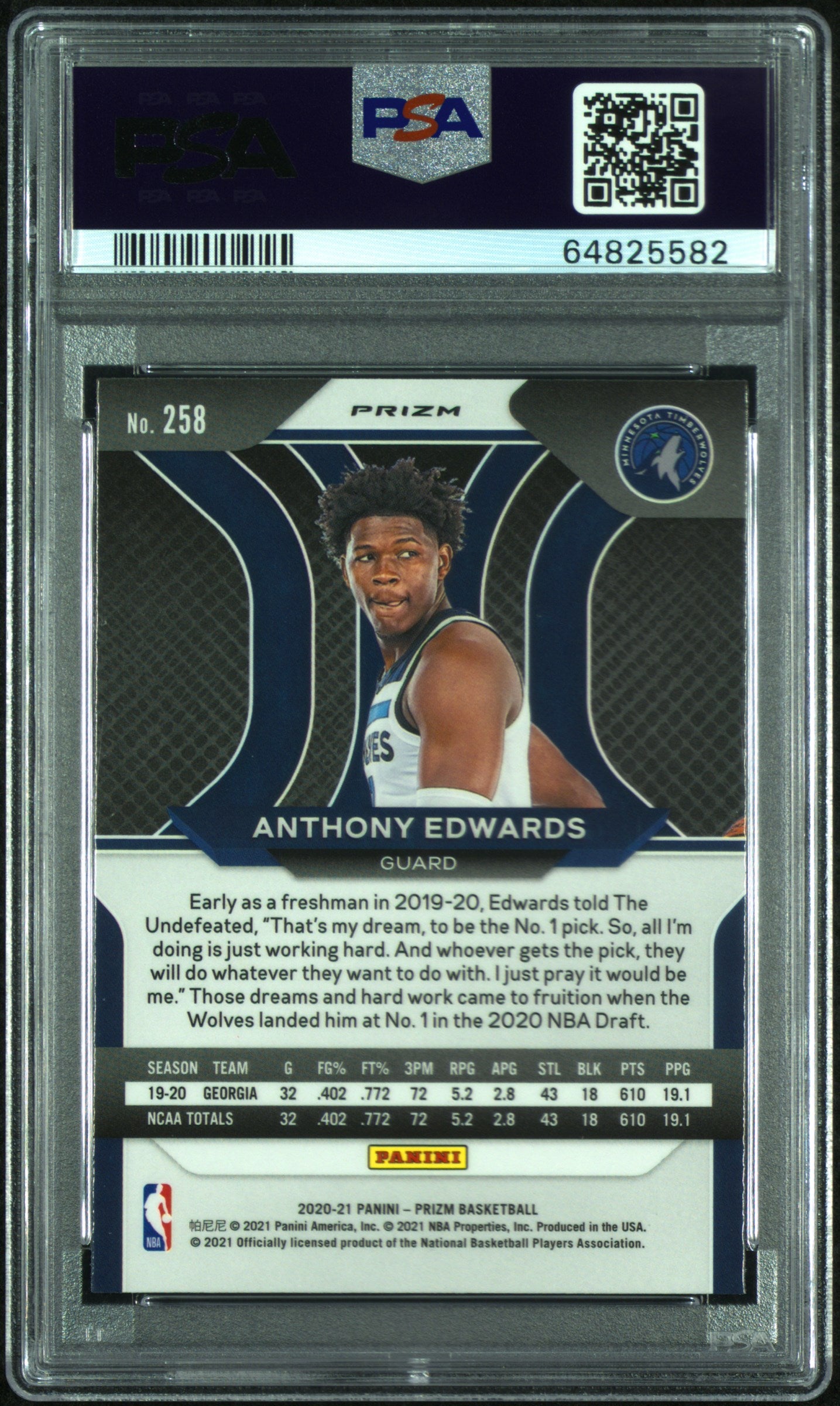 Anthony Edwards 2020 Prizm Rookie #258 Silver Prizm PSA 10 Gem Mint 5582