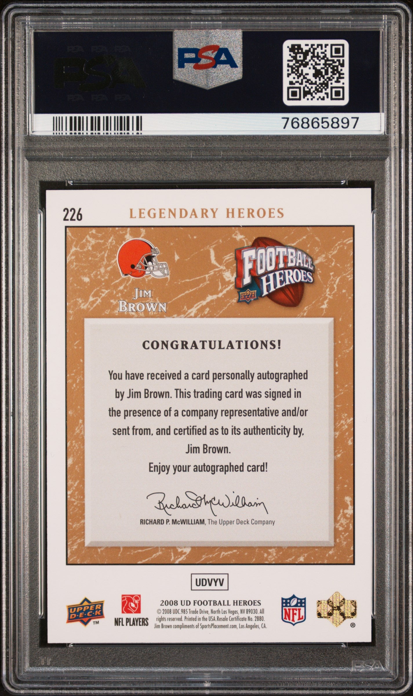 Jim Brown 2008 Upper Deck Heroes Gold Autograph #6/10 PSA 6 Auto 10