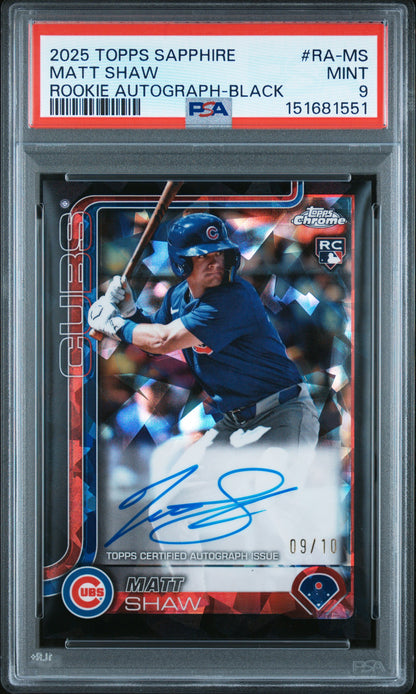 Matt Shaw 2025 Topps Chrome Sapphire Black Rookie Auto #9/10 PSA 9 Mint