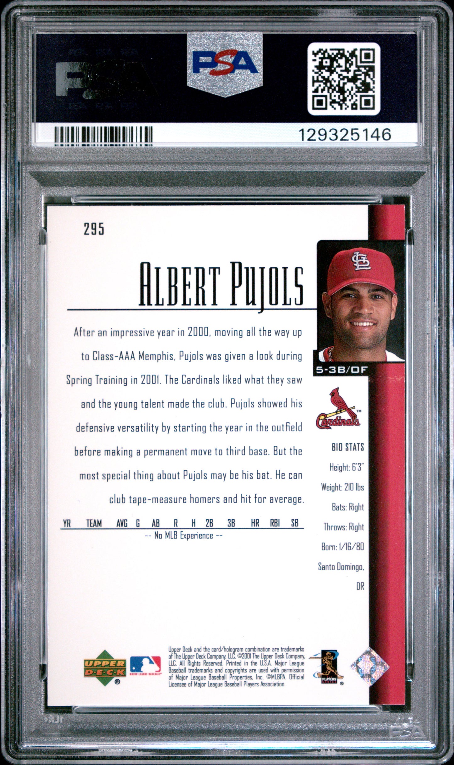 Albert Pujols 2001 Upper Deck Rookie #295 PSA 9 Mint 5146