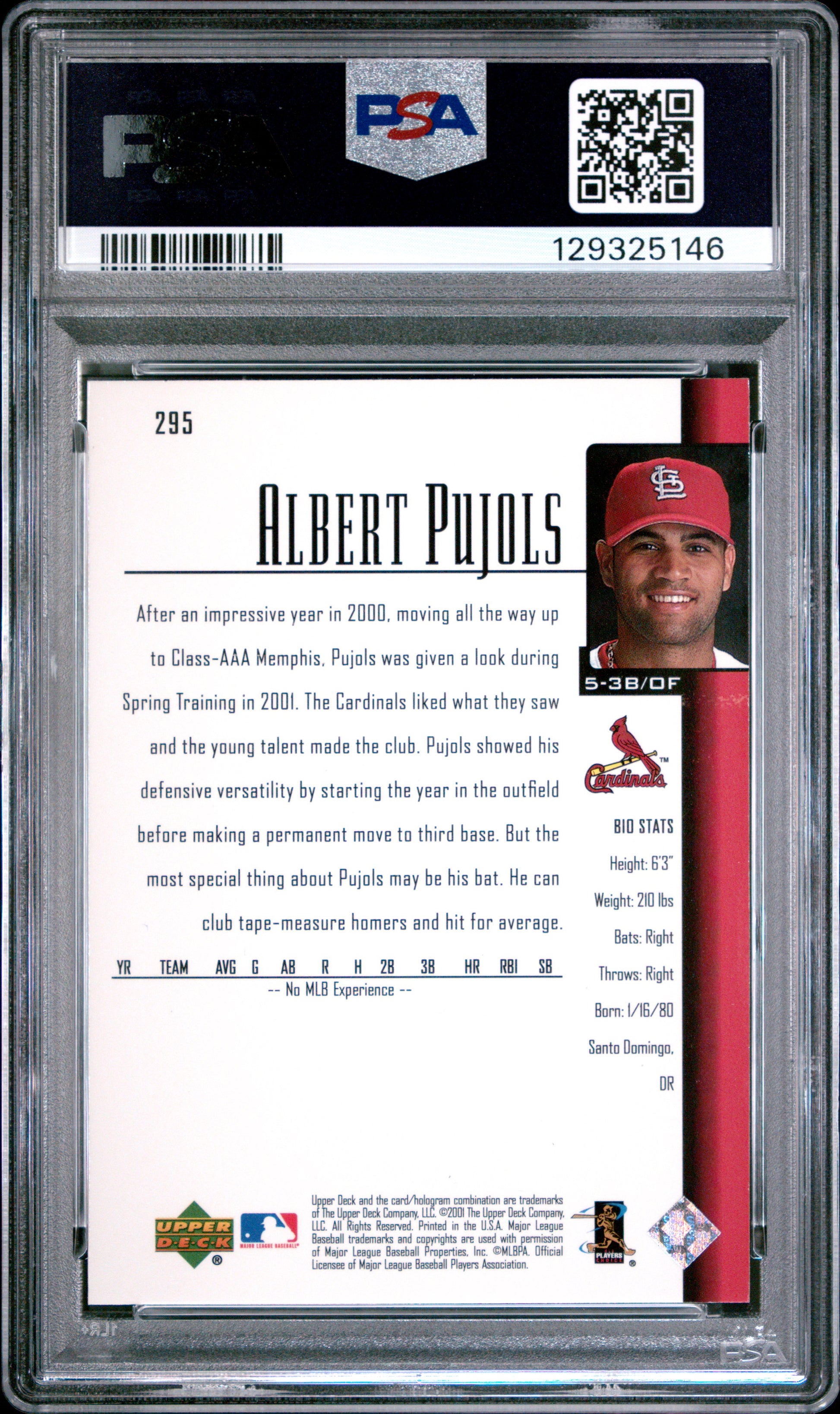 Albert Pujols 2001 Upper Deck Rookie #295 PSA 9 Mint 5146