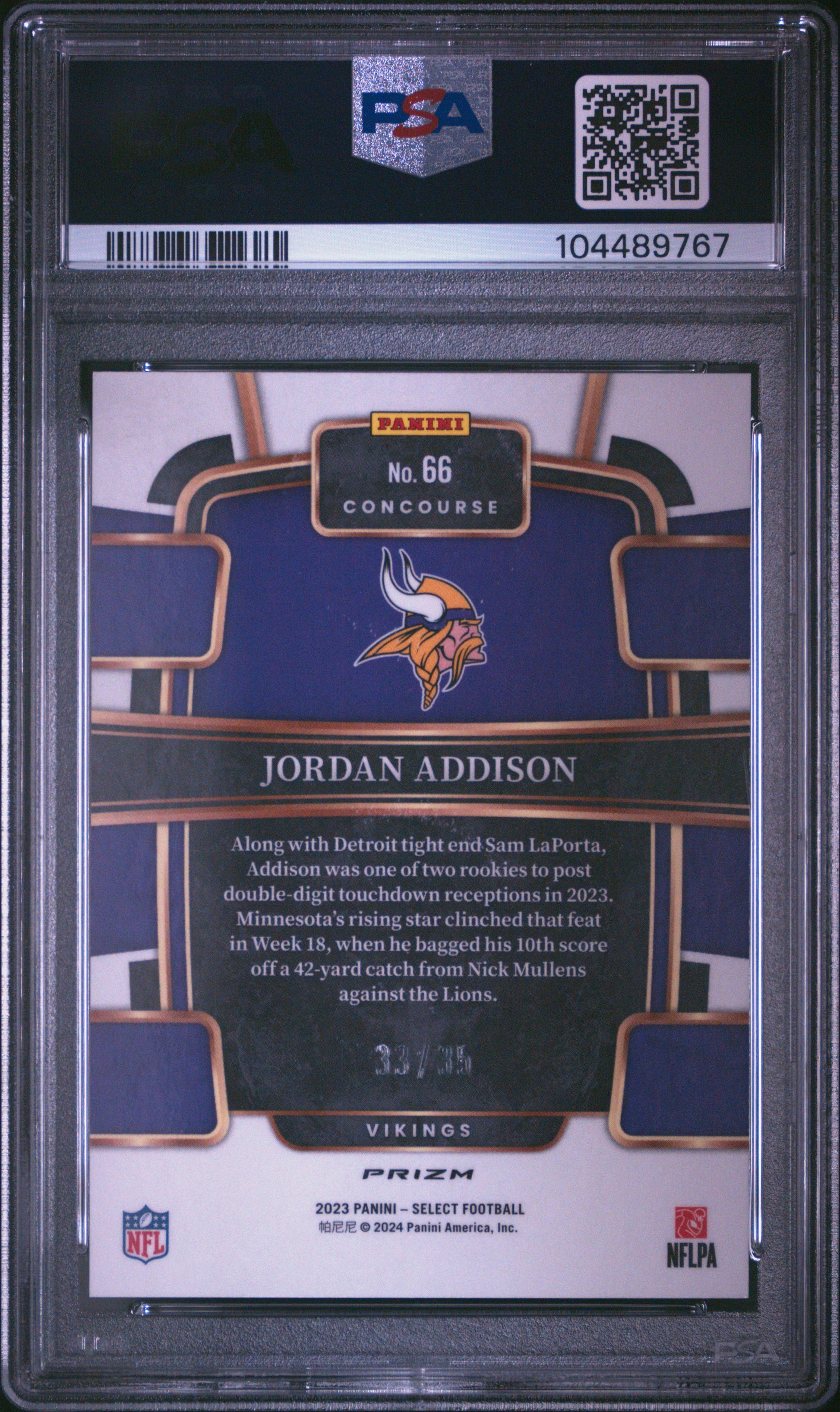 Jordan Addison 2023 Panini Select Rookie #66 White Prizm #33/35 PSA 10 Gem Mint