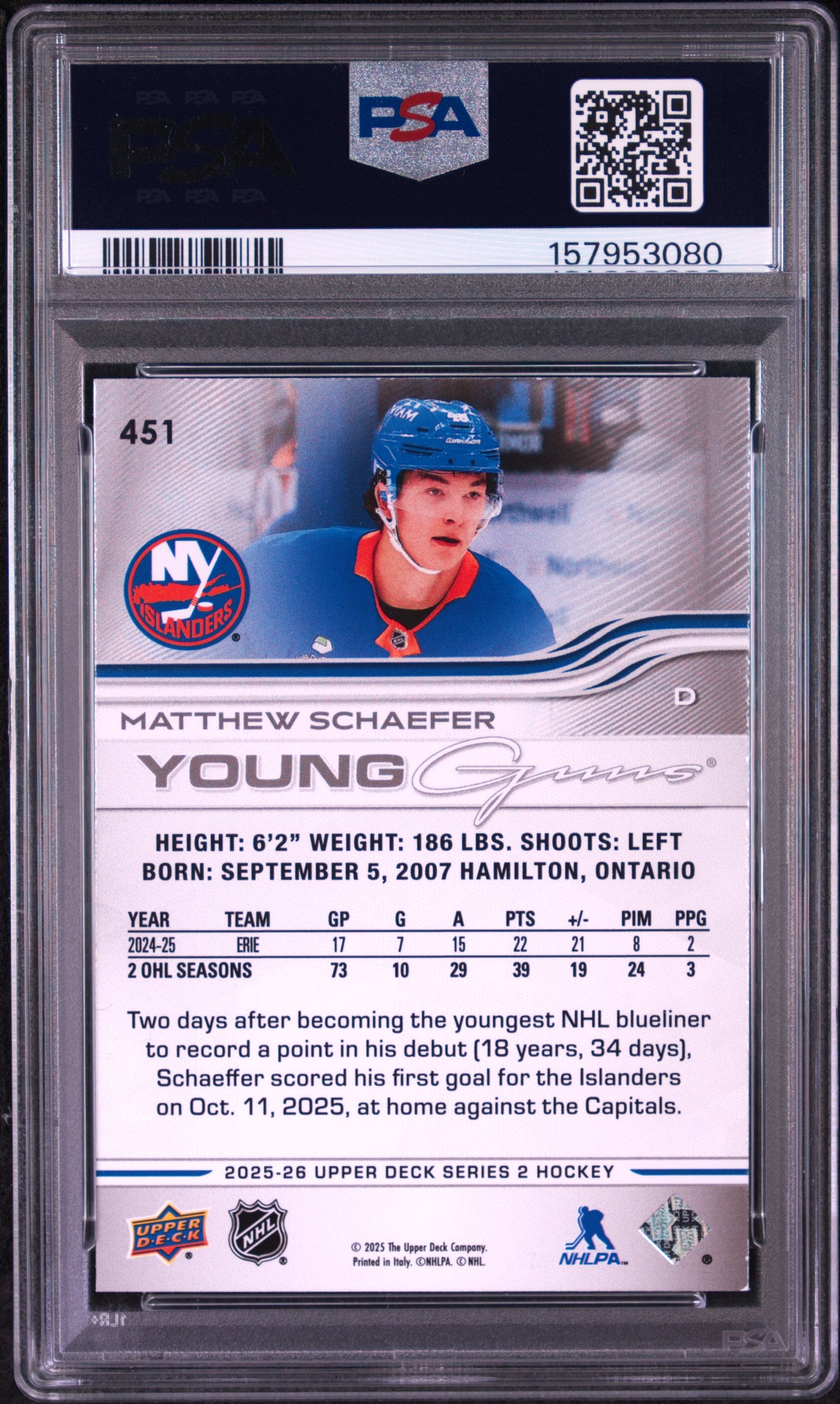 Matthew Schaefer 2025 Upper Deck Rookie #451 PSA 8 Nm-Mint