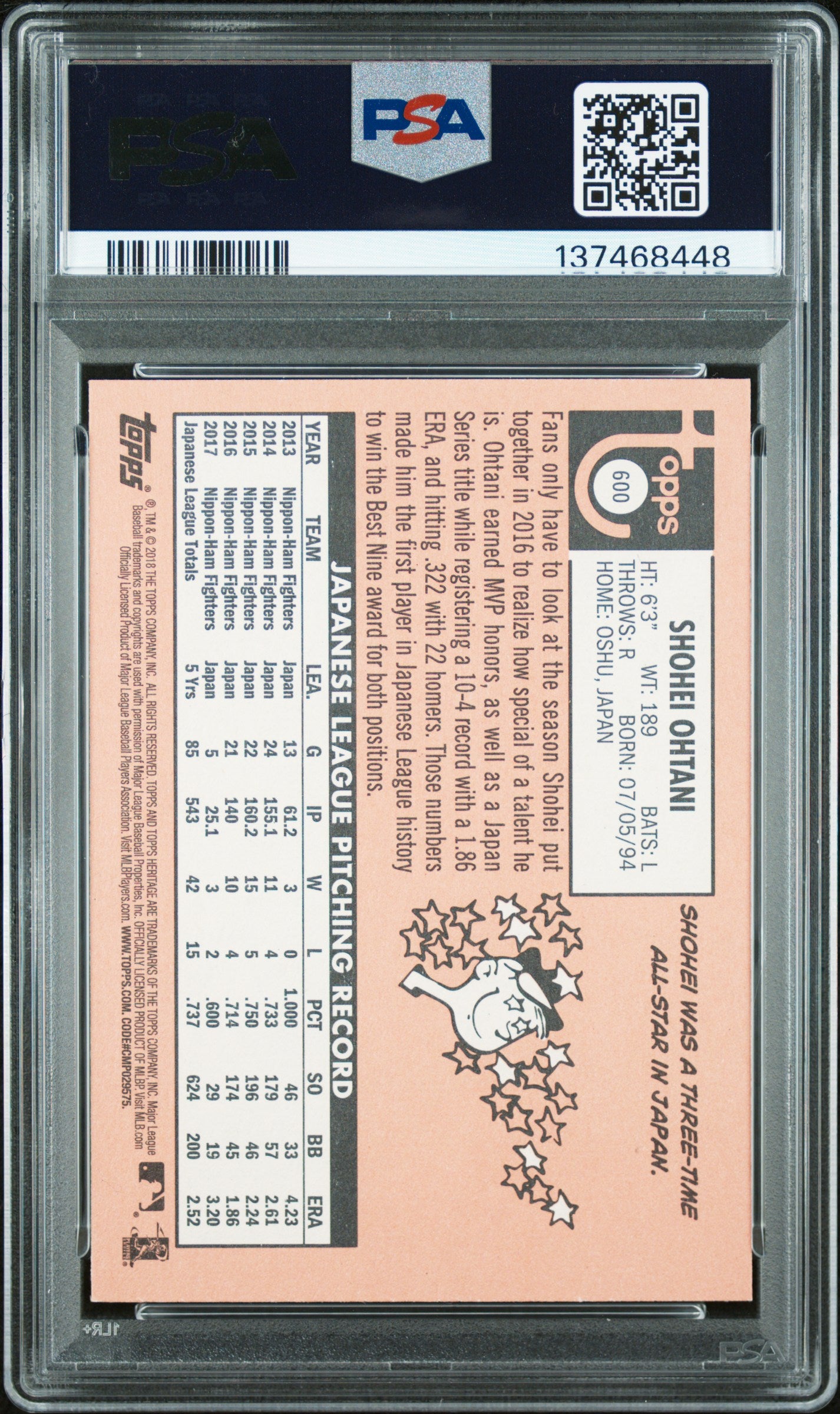 Shohei Ohtani 2018 Topps Heritage Rookie #600 PSA 8.5 Nm-Mint+ 8448