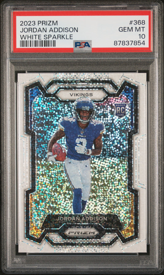 Jordan Addison 2023 Panini Prizm White Sparkle Rookie #368 PSA 10 Gem Mint 7854