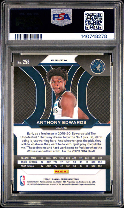 Anthony Edwards 2020 Panini Prizm Rookie #258 Silver Prizm PSA 9 Mint