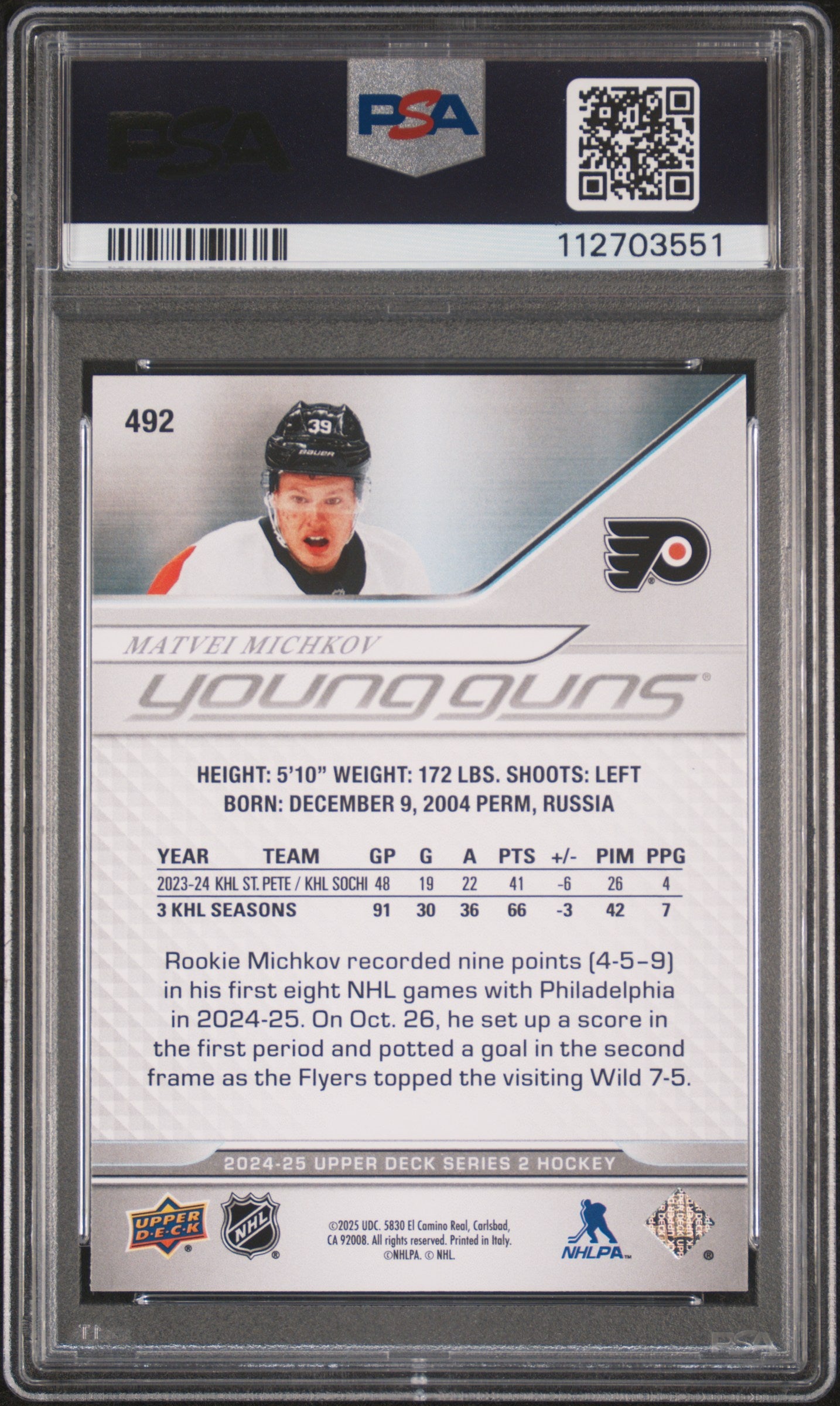 Matvein Michkov 2024 Upper Deck Rookie #492 PSA 9 Mint 3551