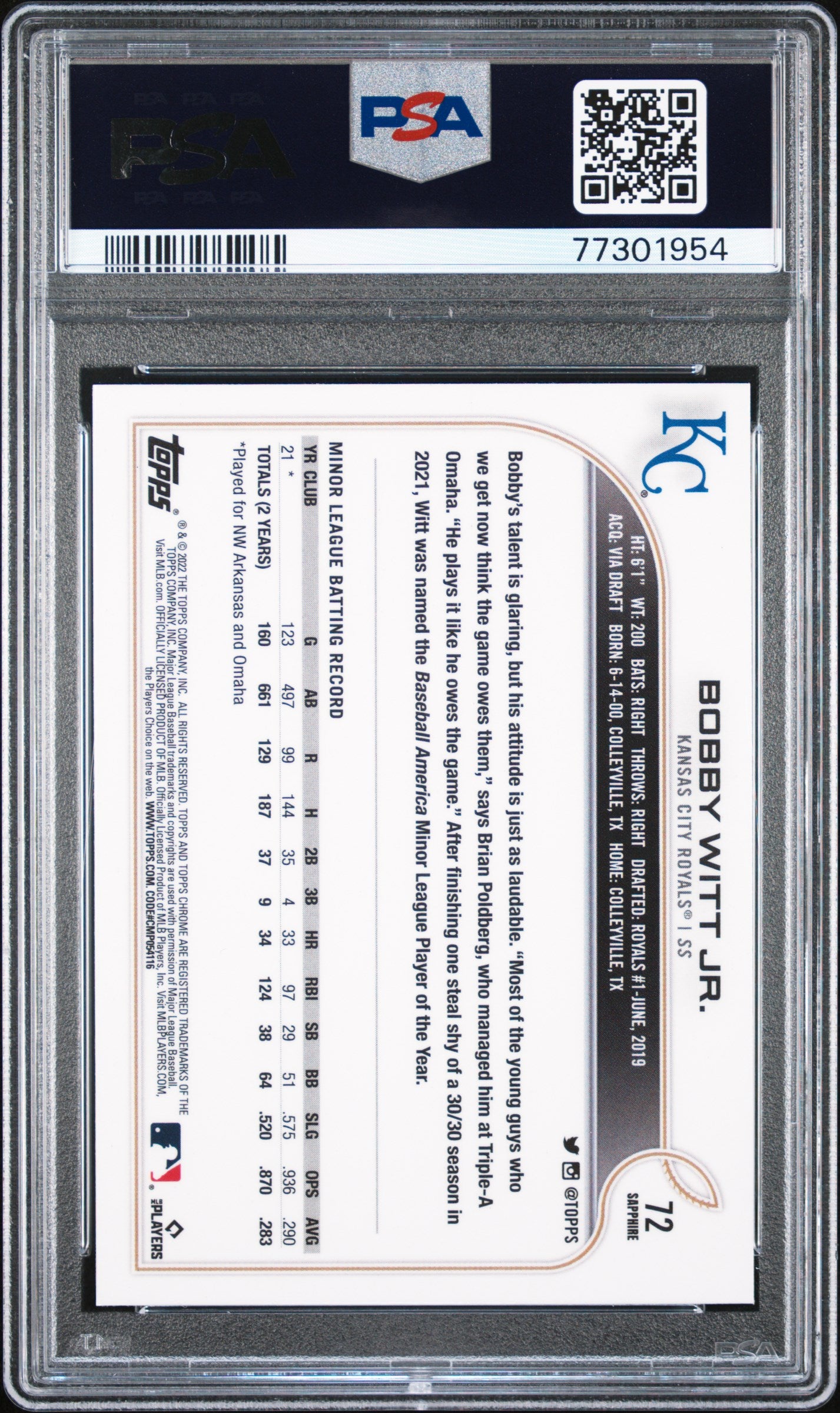 Bobby Witt Jr. 2022 Topps Chrome Sapphire RC #72 PSA 9 Mint