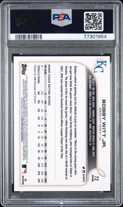 Bobby Witt Jr. 2022 Topps Chrome Sapphire RC #72 PSA 9 Mint