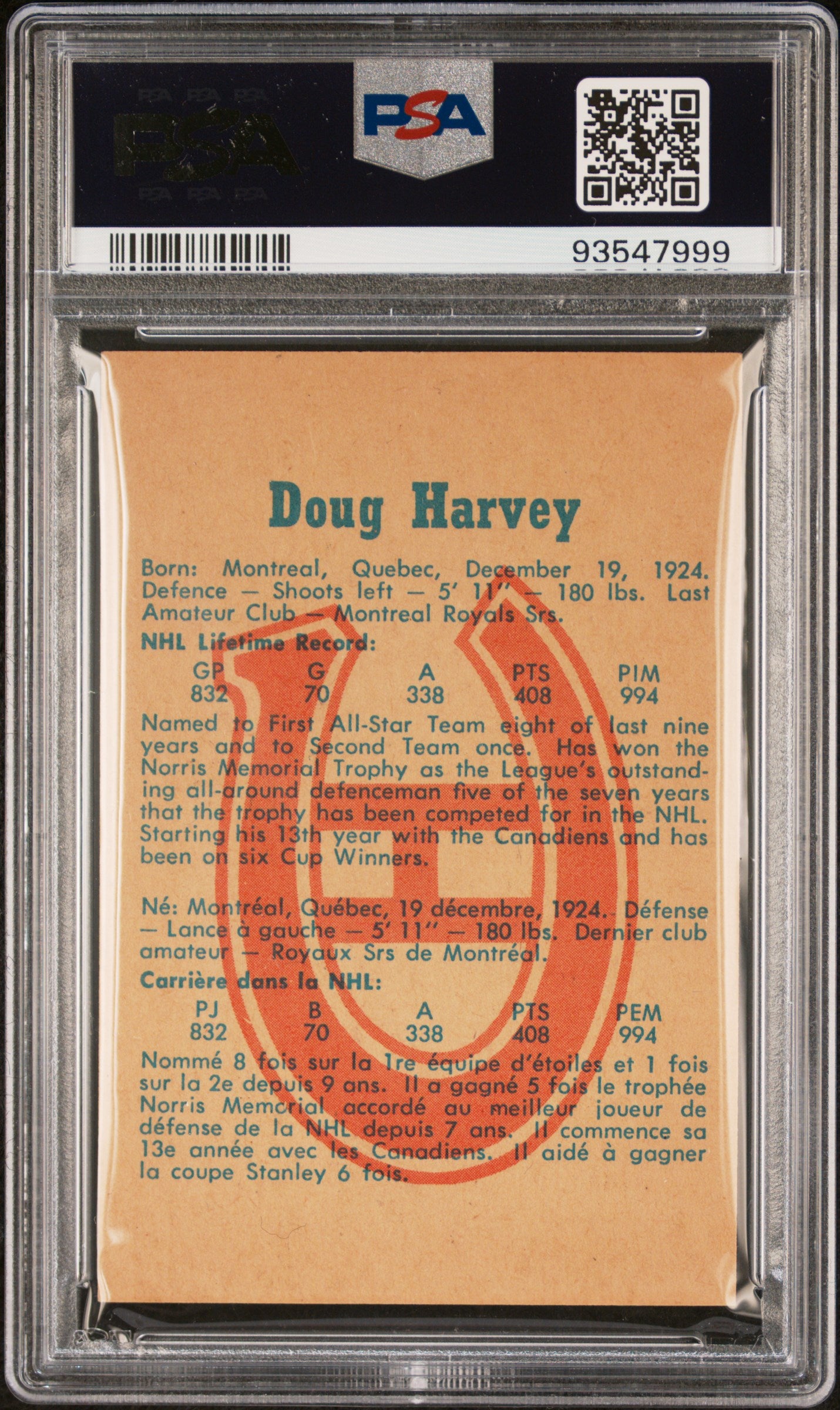 Doug Harvey 1960 Parkhurst Hockey #48 PSA 7 Near Mint