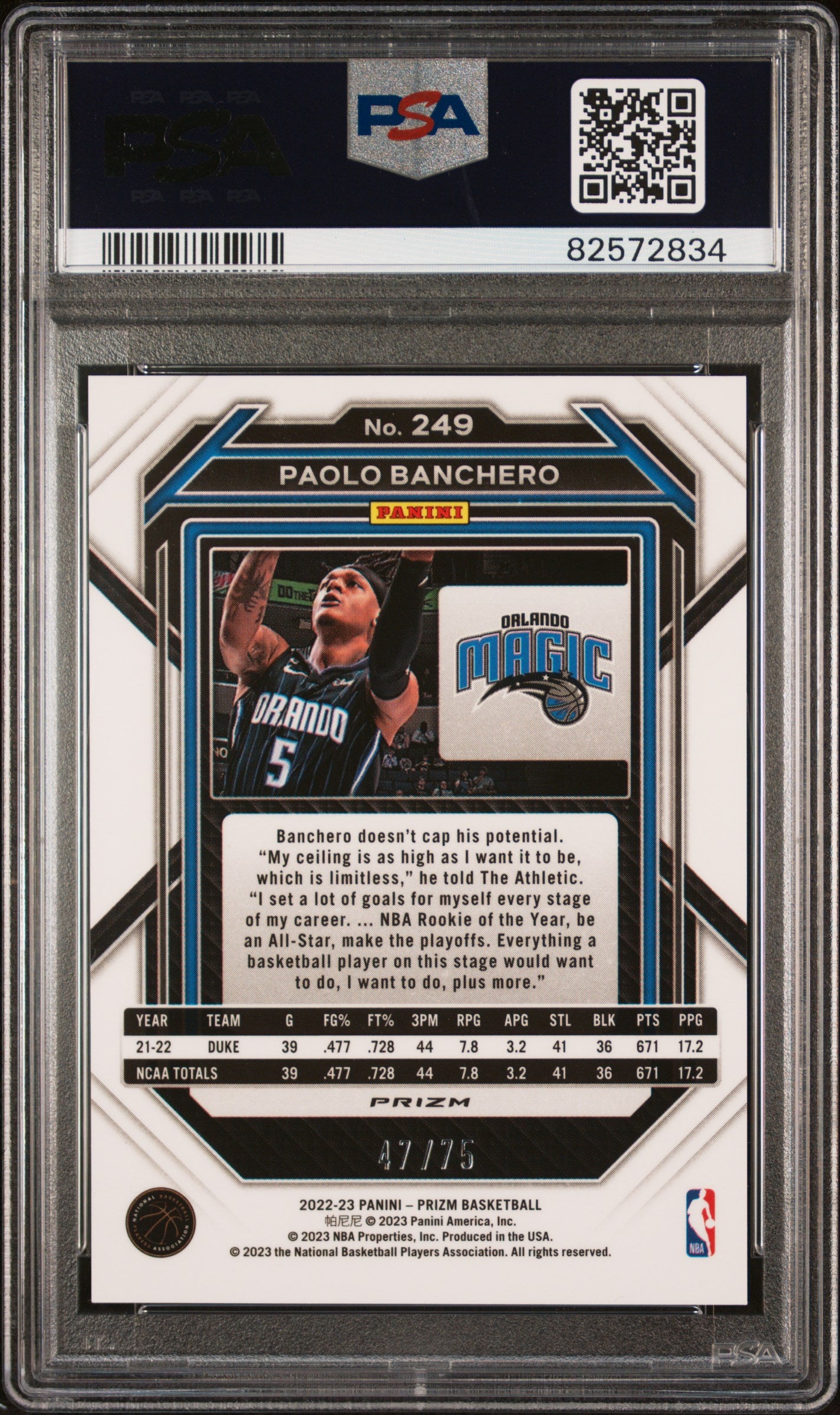 Paolo Banchero 2022 Panini Prizm Rookie Red Power #47/75 PSA 10 Gem Mint