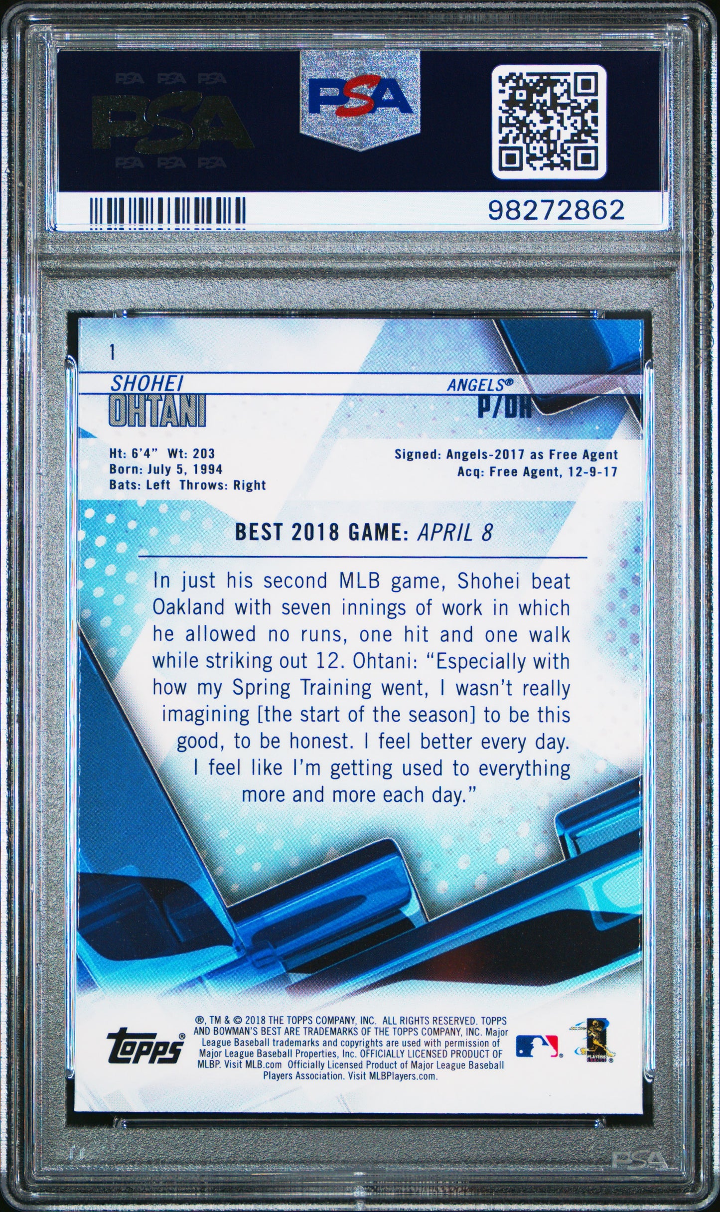 Shohei Ohtani 2018 Bowmans Best #1 Rookie PSA 10 Gem Mint 2862