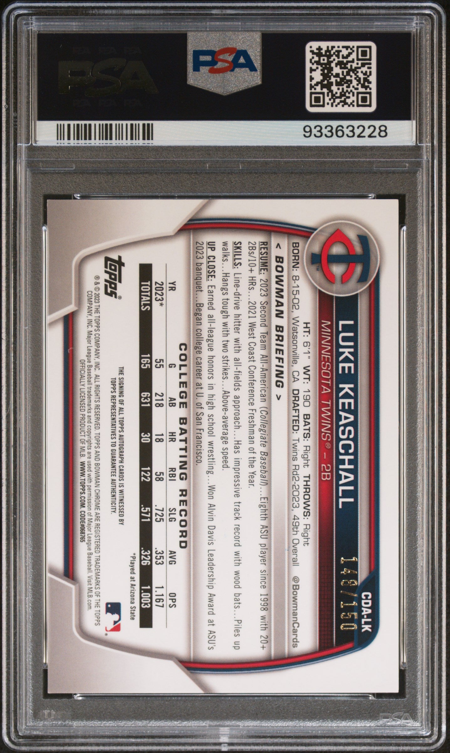 Luke Keaschall 2023 Bowman Draft Chrome Blue Wave Auto #148/150 PSA 10 Gem Mint