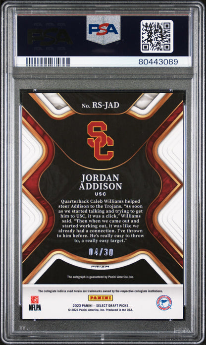Jordan Addison 2023 Select Draft Orange Pulsar Auto #4/30 PSA 10 Gem Mint