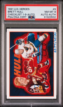 Brett Hull 1991 Upper Deck Heroes Autograph #2374/2500 PSA 8 Auto Auth