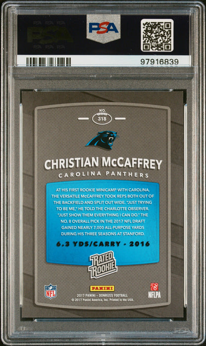 Christian McCaffrey 2017 Panini Donruss Rookie Season Stat Line #55/63 PSA 10 Gem Mint