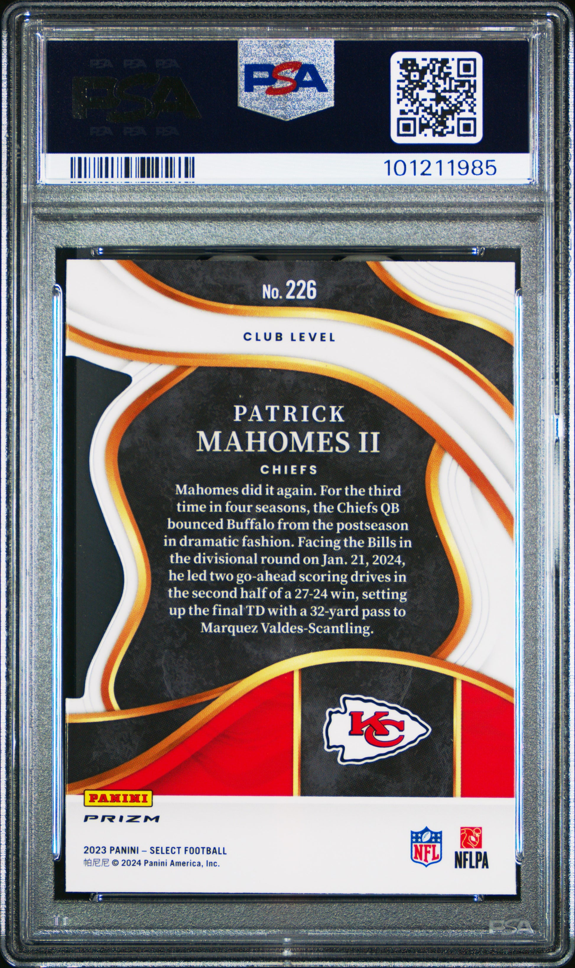 Patrick Mahomes 2023 Panini Select #226 Die-Cut Green/Yellow Prizm PSA 10 Gem Mint