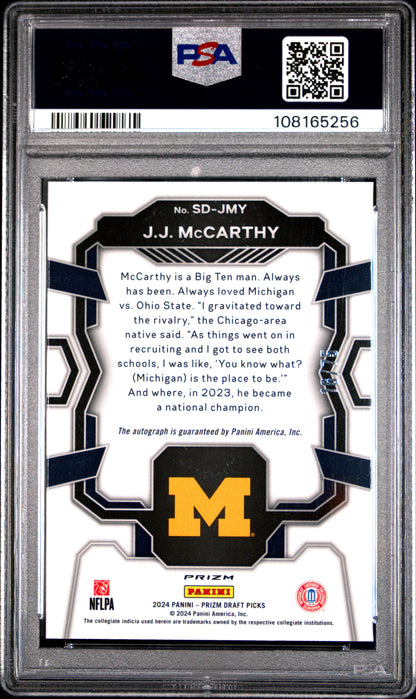 JJ McCarthy 2024 Panini Prizm Draft Picks Signing Day Blue Ice Autograph #16/75 PSA 9 Mint