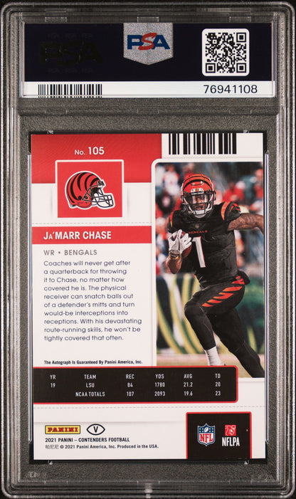 Ja'Marr Chase 2021 Panini Contenders Playoff Auto #28/49 PSA 8 Auto 10