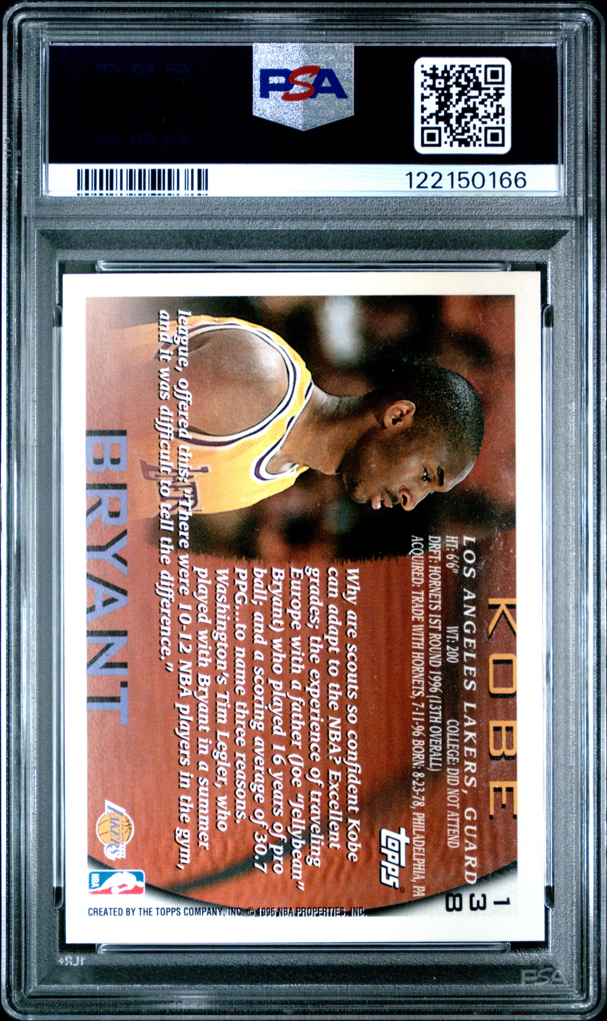 Kobe Bryant 1996 Topps Rookie #138 PSA 9 Mint 0166