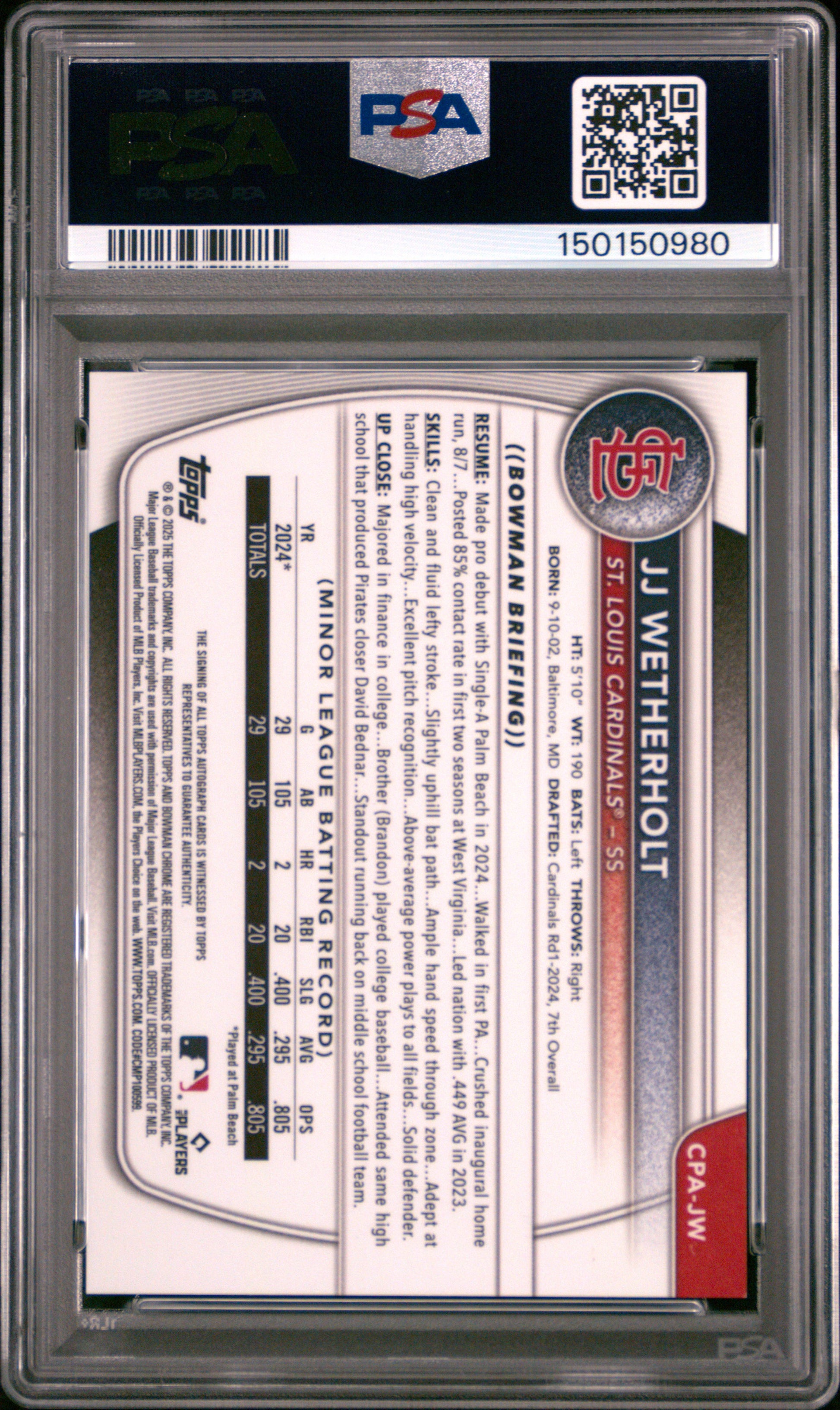 J.J. Wetherholt 2025 Bowman Chrome Speckle Refractor Auto #182/299 PSA 8 Nm-Mint