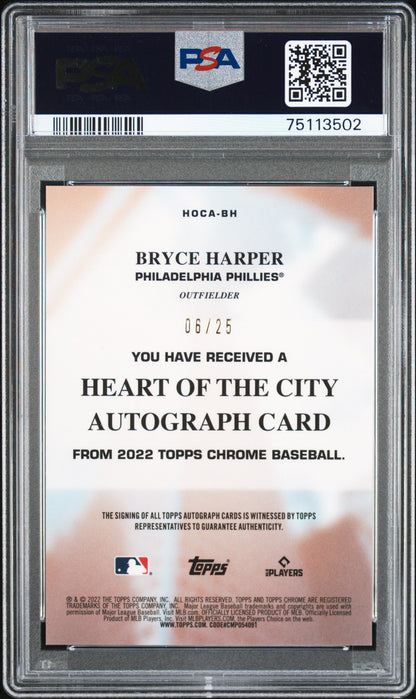 Bryce Harper 2022 Topps Chrome Heart of the City Orange Auto #6/25 PSA 8 Nm-Mint