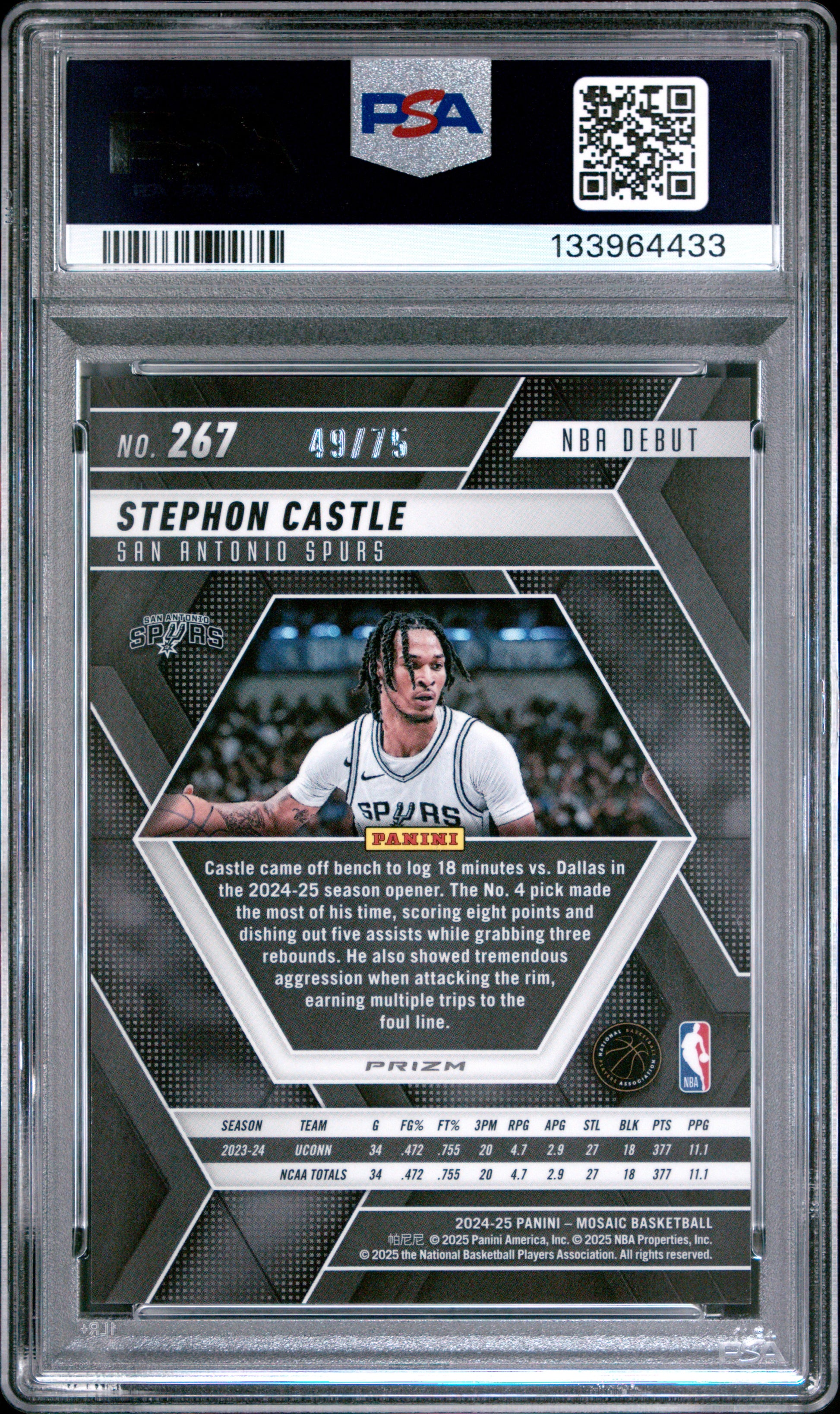 Stephon Castle 2024 Panini Mosaic #267 Blue Fluorescent #49/75 PSA 8 Nm-Mint