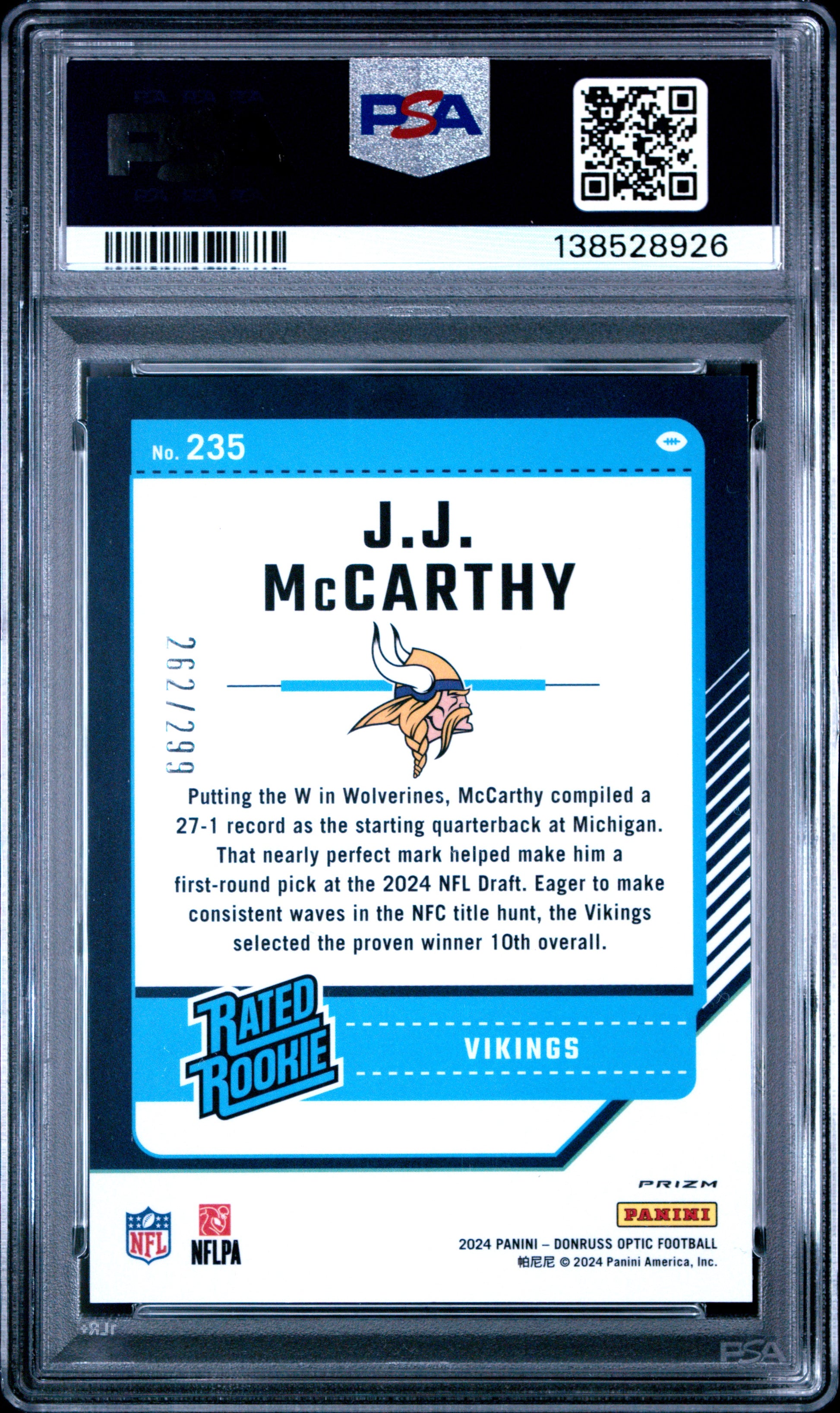 J.J. McCarthy 2024 Donruss Optic Rookie #235 Aqua #262/299 PSA 10 Gem Mint