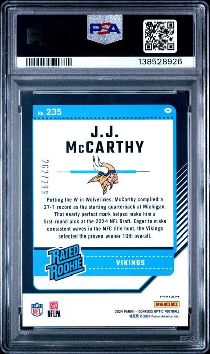 J.J. McCarthy 2024 Donruss Optic Rookie #235 Aqua #262/299 PSA 10 Gem Mint
