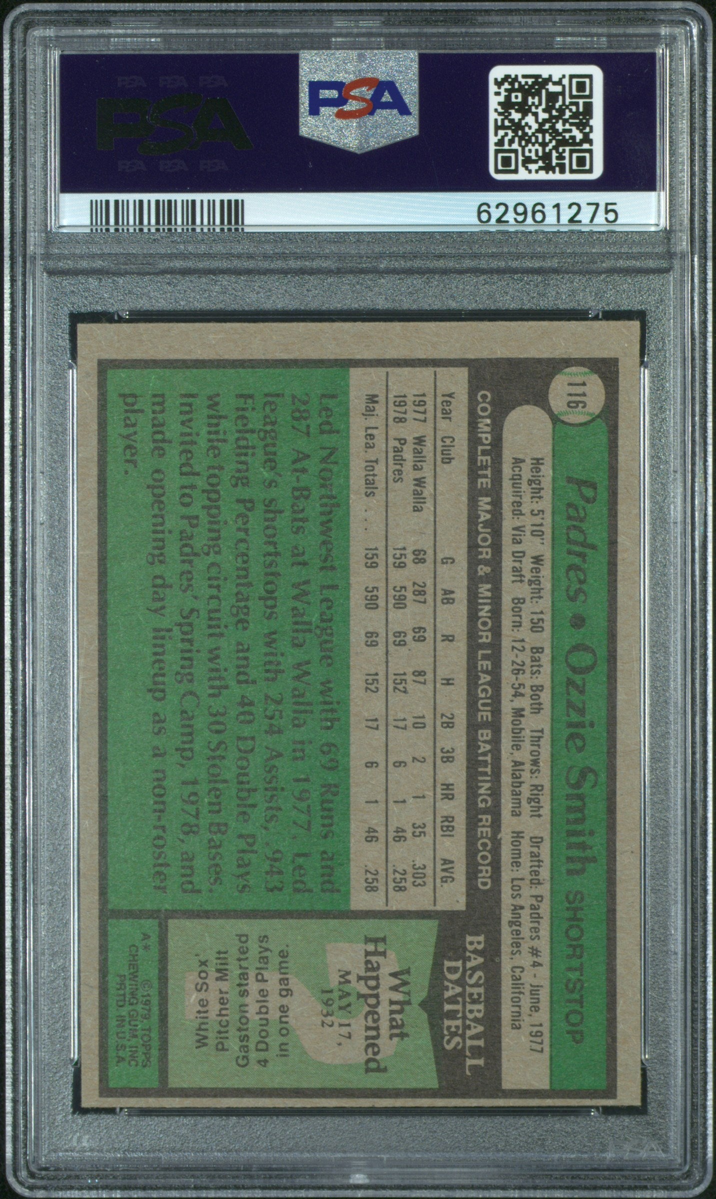Ozzie Smith 1979 Topps Rookie #116 PSA 9 Mint