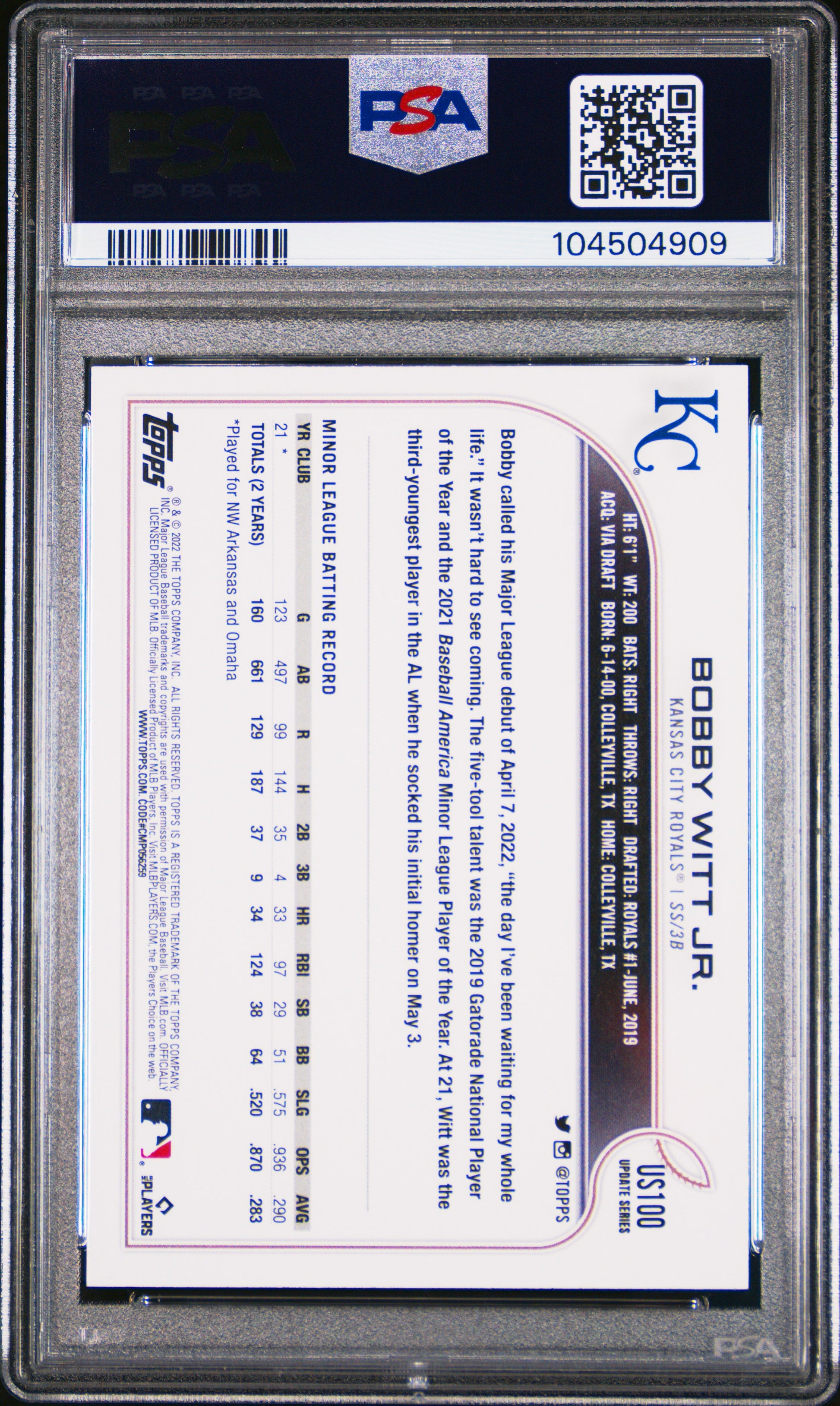 Bobby Witt Jr. 2022 Topps Update #US100 SP PSA 10 Gem Mint