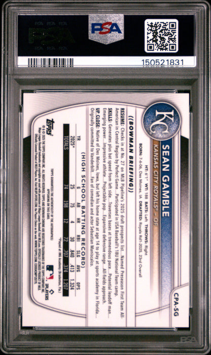 Sean Gamble 2025 Bowman Chrome Draft Sparkle Refractor Auto #40/71 PSA 10 Gem Mint