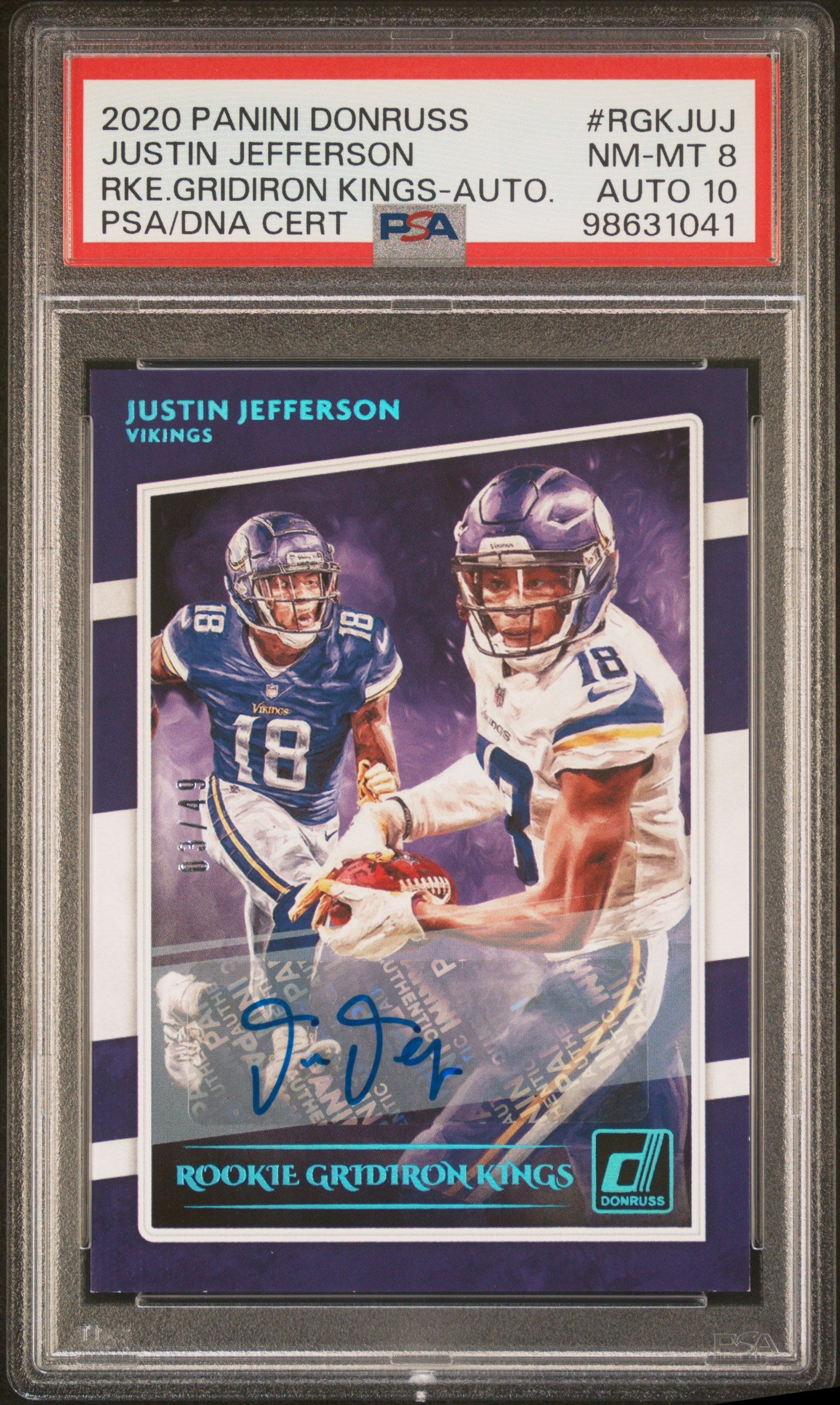 Justin Jefferson 2020 Panini Donruss Gridiron Kings Auto #3/49 PSA 8 Auto 10