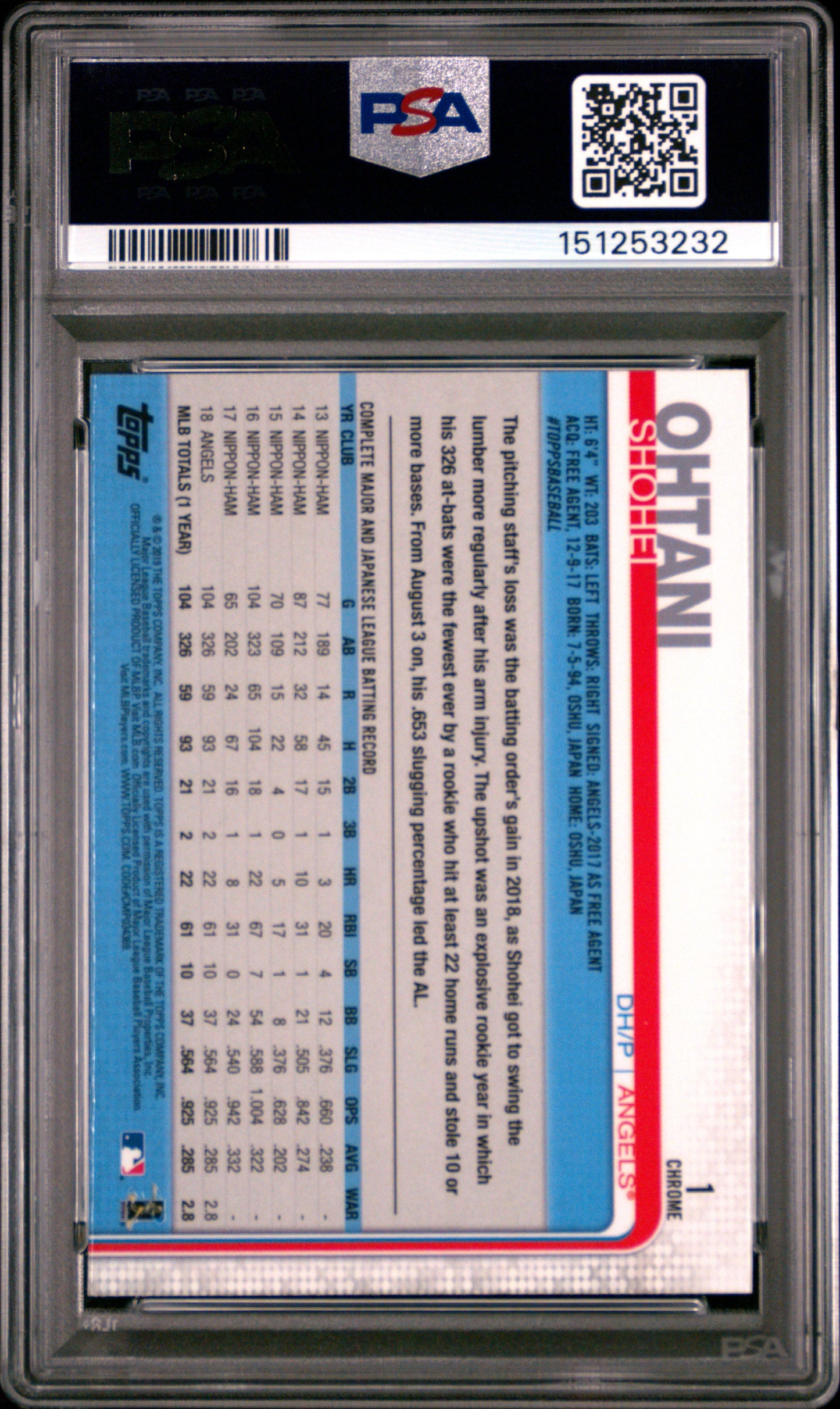 Shohei Ohtani 2019 Topps Chrome #1 Prism Refractor PSA 10 Gem Mint
