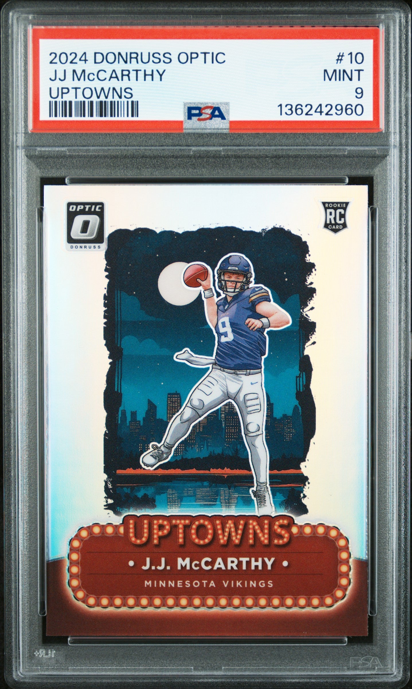 J.J. McCarthy 2024 Donruss Optic Rookie Uptowns PSA 9 Mint