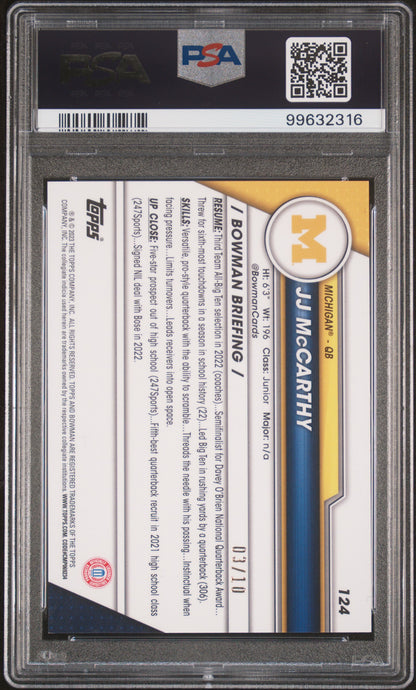 JJ McCarthy 2023 Bowman U Sapphire #124 Purple #3/10 PSA 10 Gem Mint