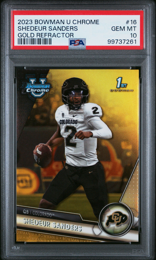 Shedeur Sanders 2023 Bowman Chrome U Gold Refractor #19/50 PSA 10 Gem Mint