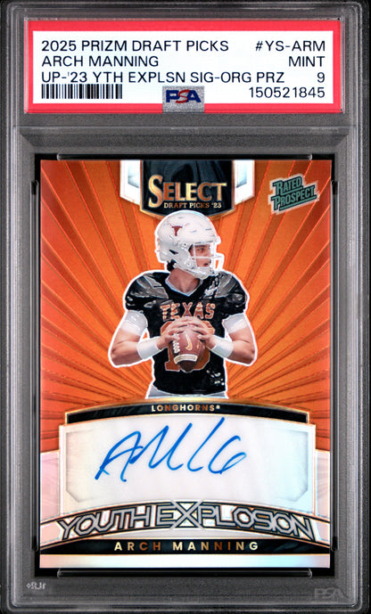 Arch Manning 2023 Select Draft Picks Youth Explosion Orange Prizm #46/49 PSA 9 Mint