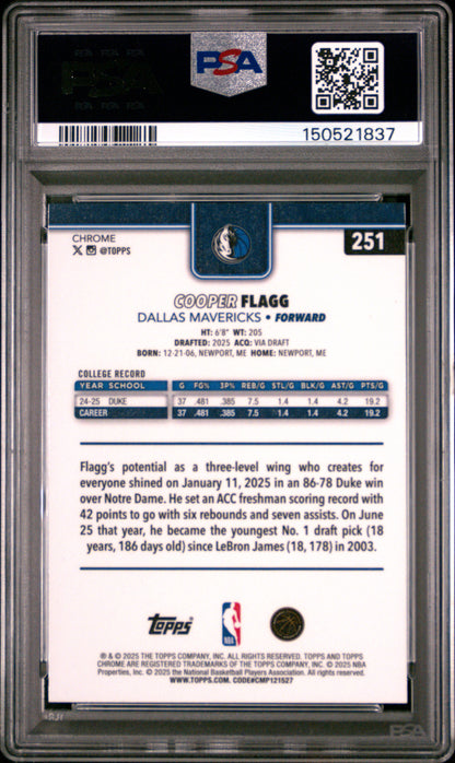 Copper Flagg 2025 Topps Chrome Red White Blue refractor PSA 9 Mint 1837